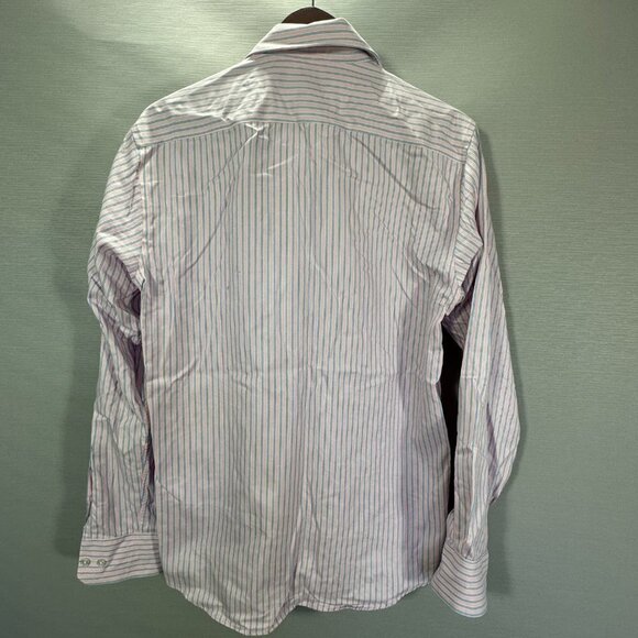 Thomas Pink Shirt Mens 15.5 Slim Fit Traveller Pink Blue Stripe Cotton Button Up - Picture 6 of 7